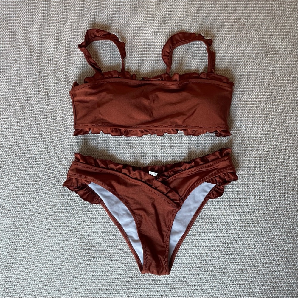 Burnt orange crossover waist bikini set. NWOT, never worn